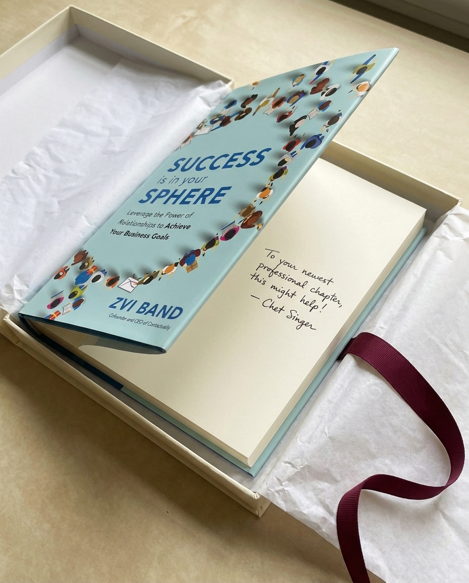 A brand-new hardcover with its dust jacket, opened to the first page where a note is handwritten in ink, nestled in tissue inside a cream gift box with a burgundy ribbon