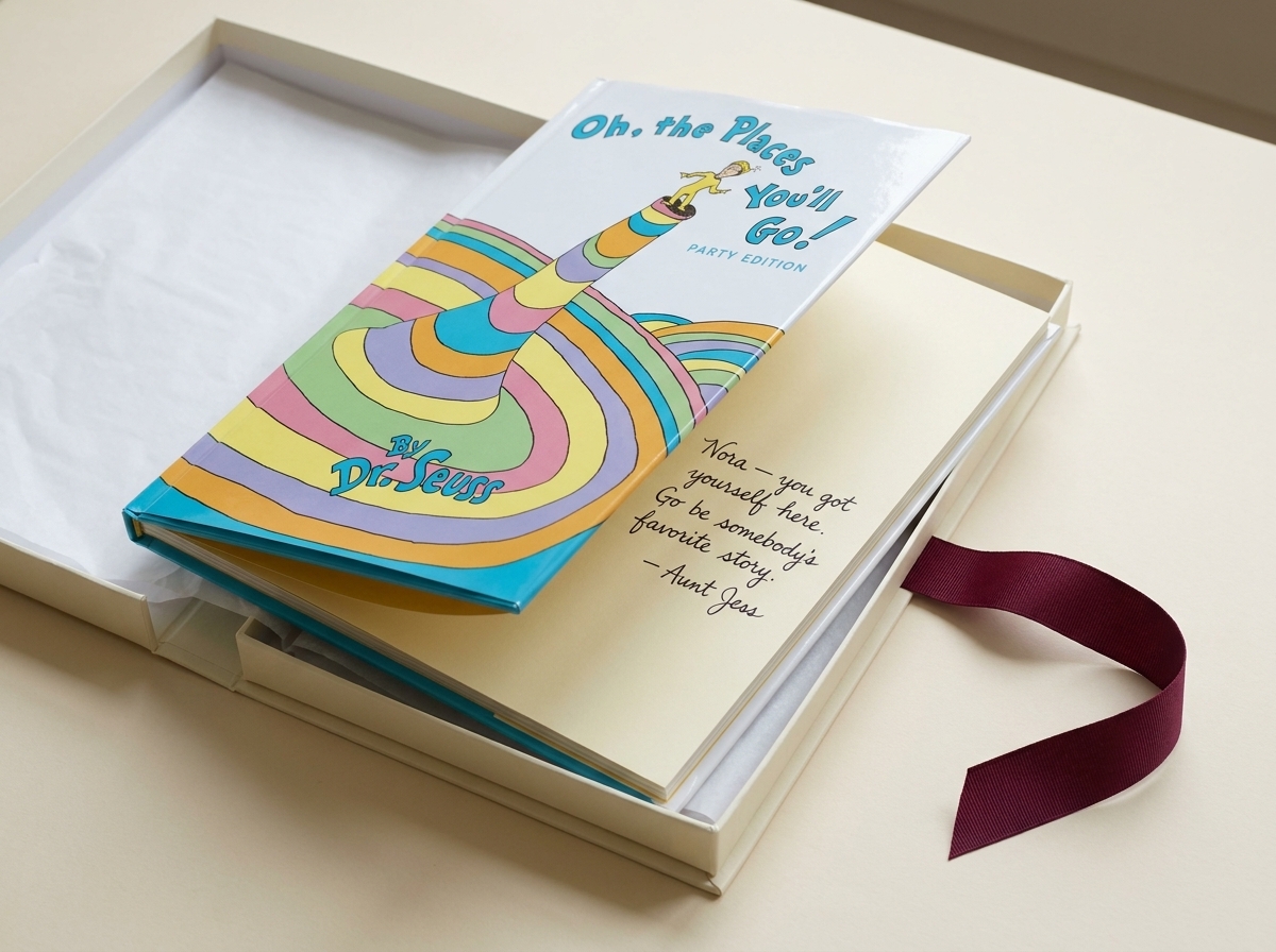 A brand-new hardcover with its dust jacket being opened to the first page, where a graduation note is handwritten in ink, in a cream gift box with a burgundy ribbon